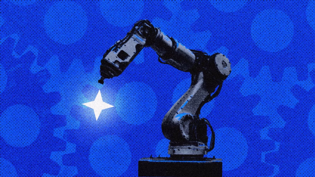 Brazo robótico industrial en una fábrica inteligente analizando datos con Inteligencia Artificial y Machine Learning.