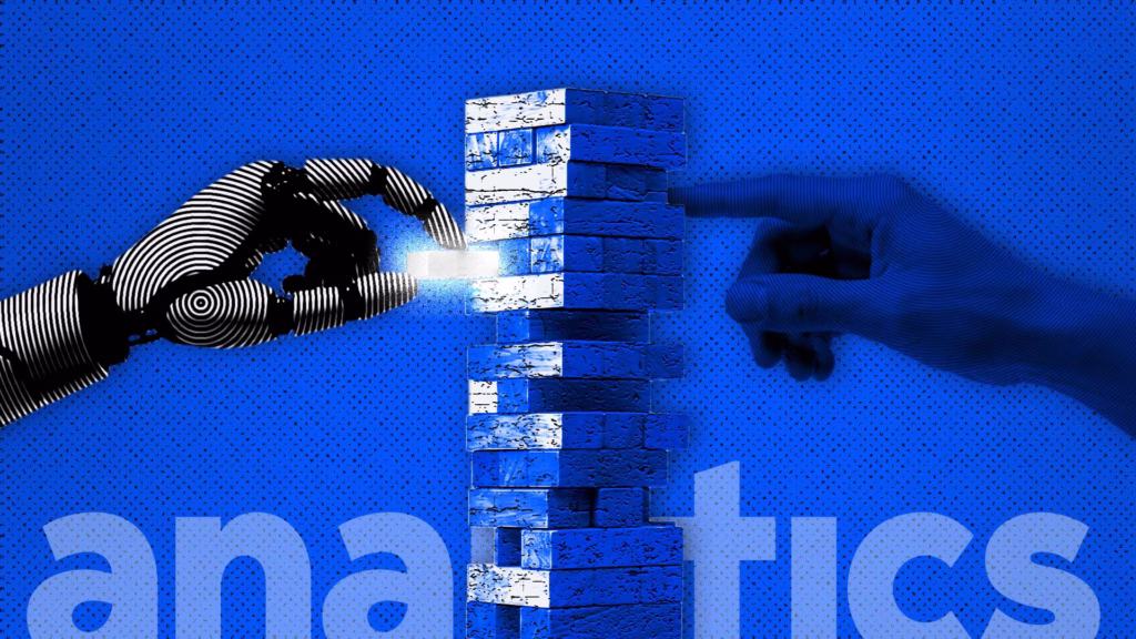Torre de bloques de madera Jenga en color azul con una mano humana y una mano robótica interactuando con las piezas, representando el análisis de datos y la inteligencia artificial en la toma de decisiones