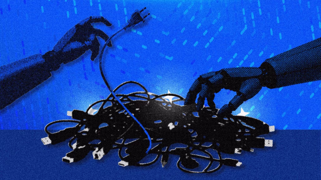 Manos robóticas ordenando cables y conexiones sobre un fondo azul, representando la integración de datos y analítica en ISITA Analytics
